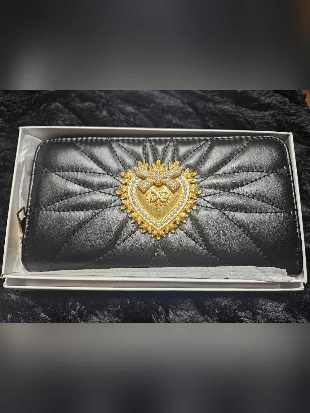 Black Quilted Wallet with Gold Heart Emblem